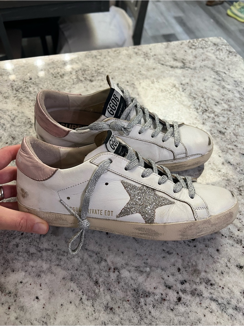 Golden Goose Women's White Leather Sneakers with pink and Silver Star 38/7